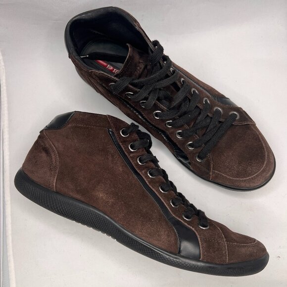 PRADA High Top laced Up Sneaker Suede Brown size 10.5 - Picture 2 of 14